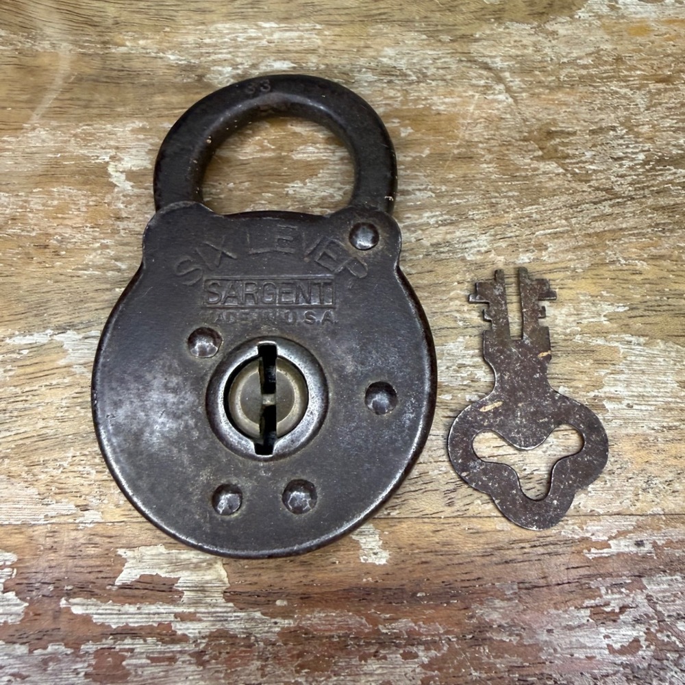 Antique Sargent Six Lever Padlock With Key Steel USA 1920s-1940s